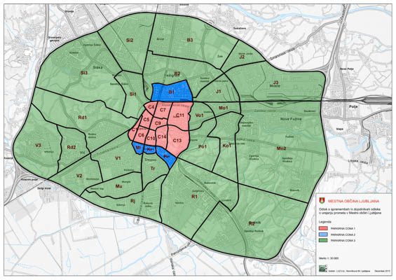 parking-zones-ljubljana A map of Ljubljana parking zones in green, blue and pink.