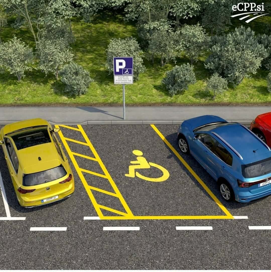 parking-disabilities-ljubljana Accessible parking space in Ljubljana with a wheelchair symbol and striped access area for disabled drivers.